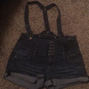 High waisted overall jean shorts